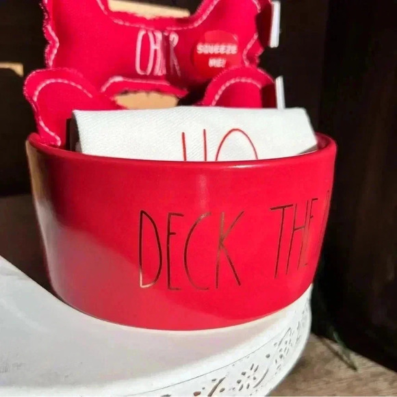 NEW 4 Pc SET - DECK THE PAWS - RED 6" Pet Bowl, Bandana, & 2 squeaky Bone Toys - Picture 11 of 14